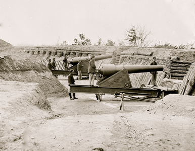 Aiken's Landing, Virginia (vicinity). Fort Brady on the James River, manned by Company C, 1st Conn. Heavy Artillery. (Battery ready for action) 1864 (photo)