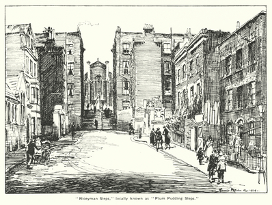 "Riceyman Steps," locally known as "Plum Pudding Steps" (litho)