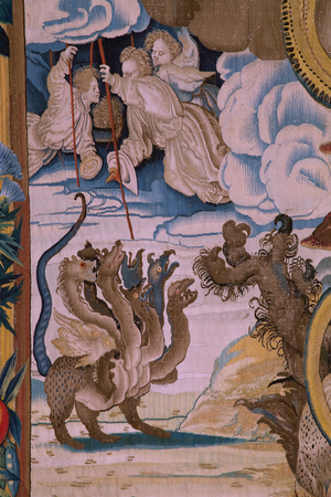 Flemish tapestry. Series The Apocalypse: Saint Michael defeating the dragon. Atelier Willem Dermoyen, Brussels. Ca 1553-1555. Detail.
