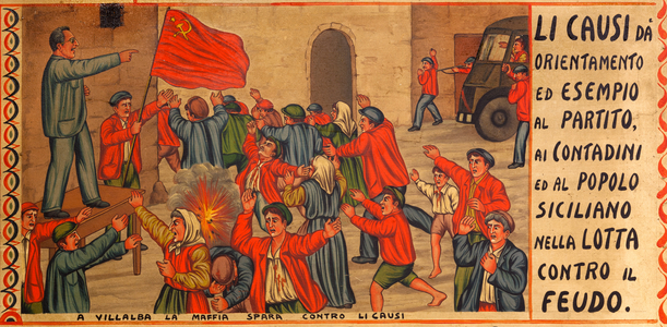 Contemporary art: In Villalba the mafia shoots against Li Causi - Panel for Sicilian cart painted with linseed oil - Headquartier of Confederazione Generale Italiana del Lavoro - CGIL, Palermo, Italy