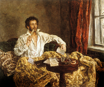 Aleksandr Sergeevich Pushkin at work (colour litho)
