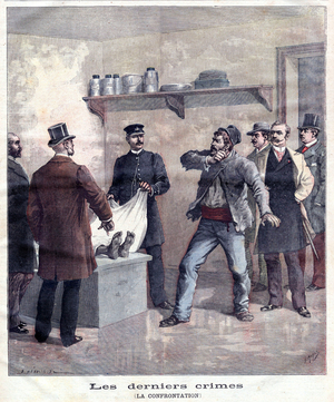 murderer confronted with the body of one of the victims of Neuilly (near-Paris), under the eye of police inspectors , lastpage of newspaper Petit Journal december 05, 1891