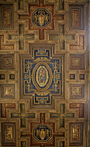 The nave's guilded wooden ceiling commemorating the Battle of Lepanto (1571); at the centre the Virgin and Child