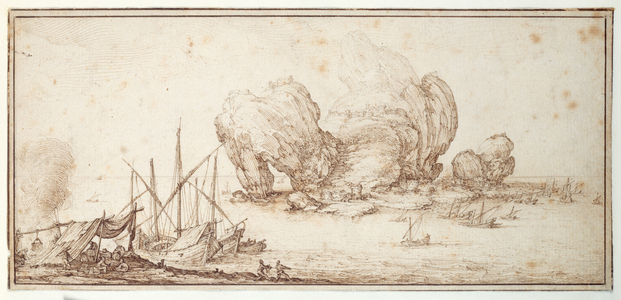 Fantastic rocks, fortified. Shipping. Mariners bivouac in sight of their craft (Le Grand Rocher) (pen & ink on paper)