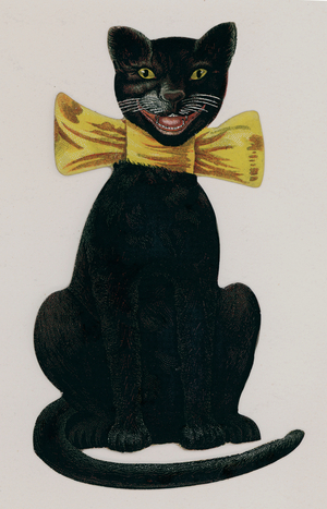 Black cat wearing a yellow bow (chromolitho)