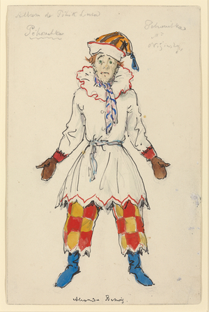 Nijinsky as 'Petrushka'; a costume design for the ballet 'Petrushka' (1911), c.1911 (pencil, ink and watercolour on paper)