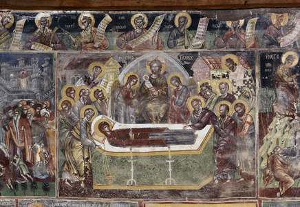 Monastery of Panagia Mavriotissa. Detail of the fresco with Dormition of the Virgin.