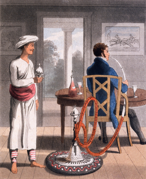 A Gentleman with his Hookah Burdah, or Pipe Bearer, 1813 (colour litho)