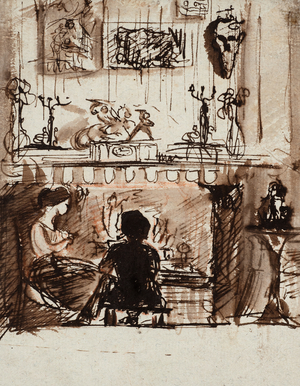 Lizzie Siddal and Woolner in an Imaginary Room (pen, ink and wash)