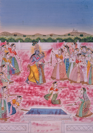 Krishna at Hindu Festival Holi sprinkling coloured powder, Miniature Painting, India, 1971