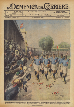 The new international victory, the third of the year, for the Italian football team (colour litho)