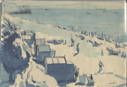 Holiday Huts, Dorset Beach (w/c over pen & ink on paper)