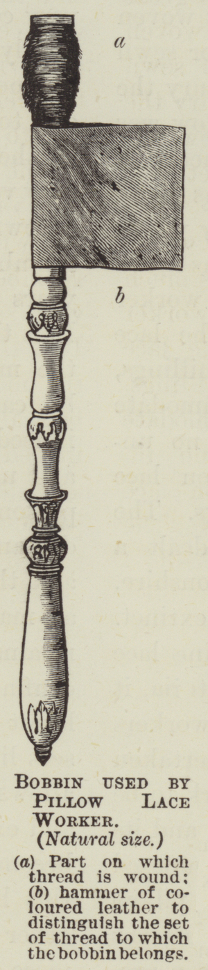 Bobbin used by Pillow Lace Worker (engraving)