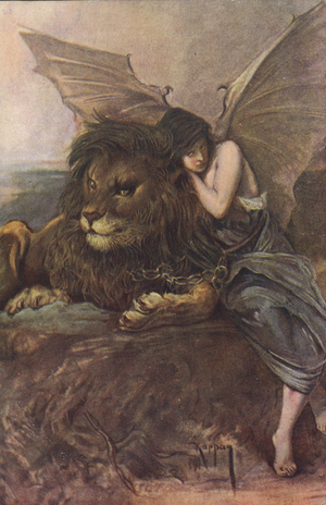 Lion and winged woman (colour litho)