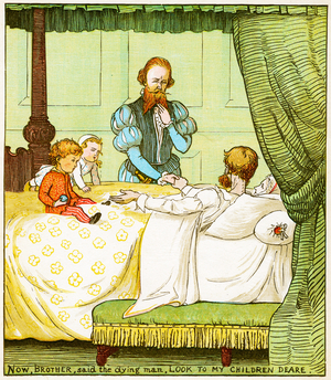 "Now, brother, said the dying man, look to my children deare", illustration from Babes in the wood, 1885 (litho)