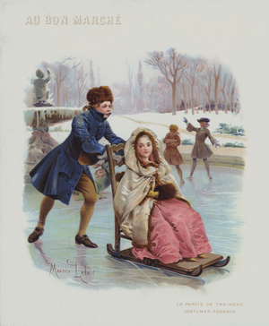 Pushing a sled on ice, costumes of the French Regency period (1715-1723) (chromolitho)