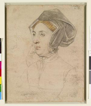 An unidentified woman, c.1532-43 (black and coloured chalks, and pen and ink on pale pink prepared paper) 