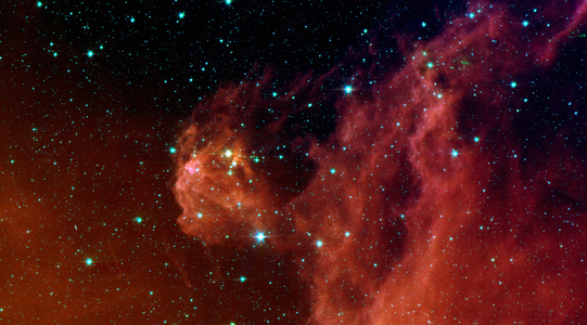 Infant stars "hatching" in the head of the hunter constellation, Orion. The region featured in this image is called Barnard 30. It is located approximately 1,300 light-years away and sits on the right side of Orion's "head," just north of the massive star Lambda Orionis. Spitzer Space Telescope.