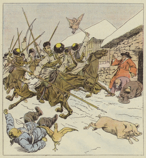 Irruption des cosaques dans un village (colour litho)