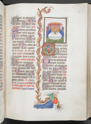 The Host and an historiated initial 'D', with partial foliate border carried by an angel