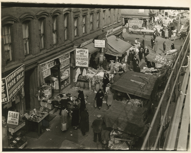 Peddlers lining the street, view from above, New York, USA, c.1920-38 (gelatin silver photo)