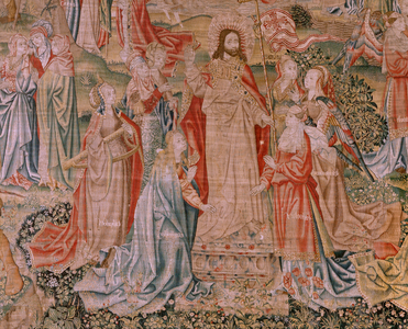 Flemish tapestry. Series Redemption of Man or Vices and Virtues. Resurrection of Christ (Resurrección de Cristo). Eighth tapestry in the series (first of those kept in Burgos). Manufacture Brussels. Ca 1510. Fabric Silk and wool, 7 warps per cm.