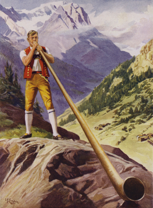 Man blowing an alphorn in the Swiss Alps (colour litho)