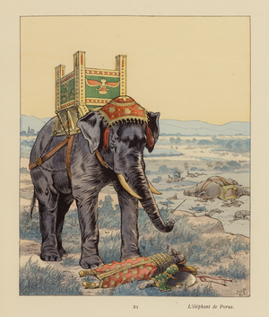 The elephant of Porus (colour litho)