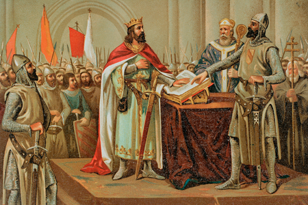 Medieval legend of the Oath of Santa Gadea, Historia General de España, 1889 (colour litho)