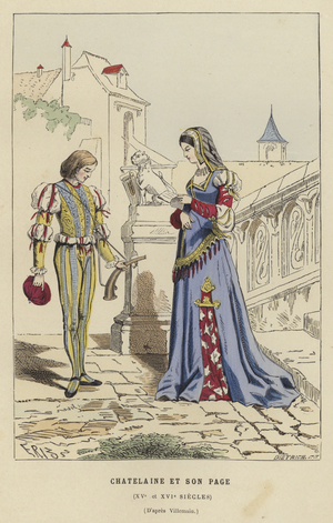 Chatelaine and her page, 15th or 16th Century (coloured engraving)