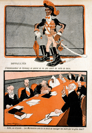 French cartoon depicting events surrounding diplomatic efforts to convene the Algeciras Conference of 1906 took place in Algeciras, Spain, and lasted from 16 January to 7 April. The purpose of the conference was to find a solution to the First Moroccan Crisis of 1905 between France and Germany, which arose as Germany responded to France's effort to establish a protectorate over the independent state of Morocco, 1905v (engraving)