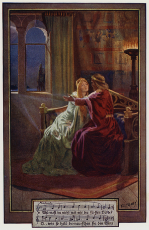 The Knight Tries to Allay the Doubts of Elsa (colour litho)