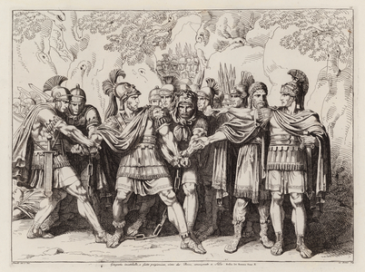 Jugurtha betrayed by Bocchus I and delivered in chains to Sulla, 105 BC (etching)