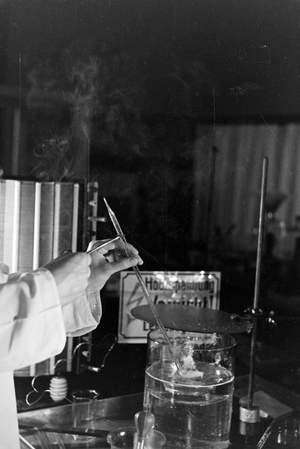 Test arrangement at a chemistry laboratory, Germany 1930s (b/w photo)
