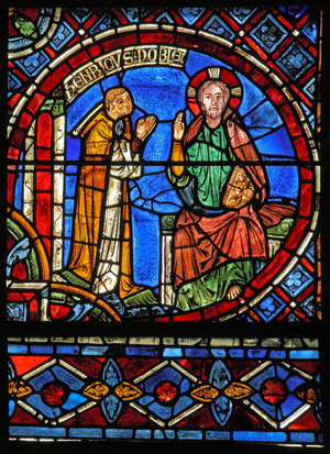 The donor Henry Noblet praying before Christ (w1) (stained glass)
