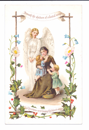 Victorian Christmas card of an angel gazing at a woman and two children, c. 1880 (colour litho)