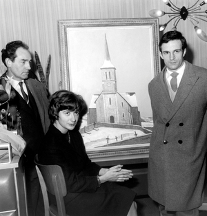 Francoise Sagan and Francois Truffaut, Who Has Won A Prize, January 6, 1961 With Painter Pierre Klemczynski Who Has Painted The Painting (b/w photo)