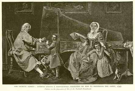 The Tschudi Family : Tschudi Tuning a Presented by him to Frederick the Great, 1745 (engraving)