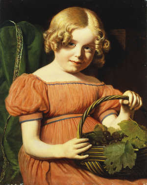 Portrait of Louisa Booth,  seated half length, in a Coral Pink Dress Trimmed with a Blue Braid Holding a Basket of Grapes,  (oil on  canvas)