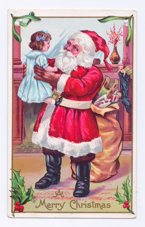 Edwardian Christmas postcard of Father Christmas holding a little girl aloft, c.1910 (colour litho)