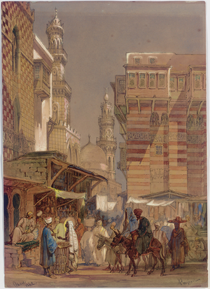 Market Day on the Mu'izz id-Din li-Lah, old Cairo, 1862 (pencil, watercolour & gouache on paper)