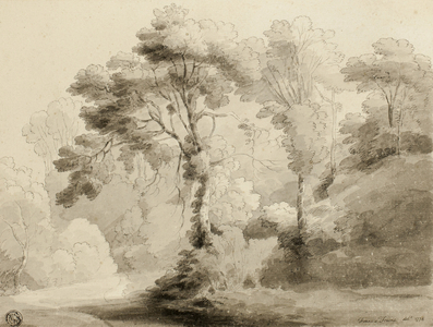 Wooded landscape, 1774 (pen and black ink, with brush and grey wash, on cream laid paper, laid down on cream laid card)