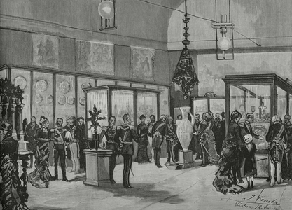 Journey to Portugal of the kings of Spain, Alfonso XII and Maria Cristina de Habsburgo-Lorena, Lisbon, The monarchs visiting the Spanish Section of the Retrospective Exhibition of Spanish and Portuguese Ornamental Art, by Vela, 1882 (engraving)