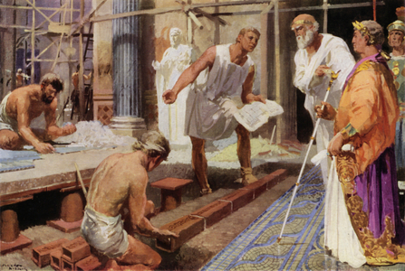 Laying terracotta conduits for hot air in Roman baths (colour litho)
