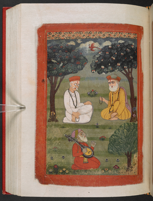 MS Panj B 40, f.131v, Bhagat Kabir ji and Guru Nanak Dev ji meeting, illustration from the 'Biography of Guru Nanak', 1733 (vellum)