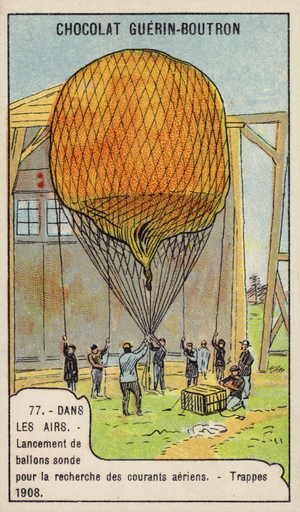 Launching of weather balloons to measure air currents, Trappes, France, 1908 (chromolitho)