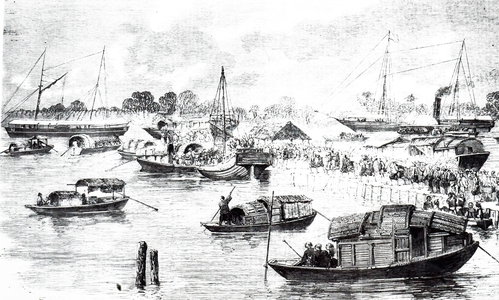 An engraving depicting a scene in Hong Kong, China, 19th century