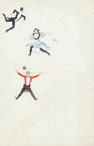 Three well-dressed people caught in a spider's web (colour litho)