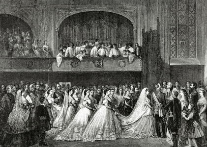 The Queen Victoria I of England at the wedding of the Princess Helena with the Prince Christian of Schleswig-Holstein on 5 july 1866 (engraving)