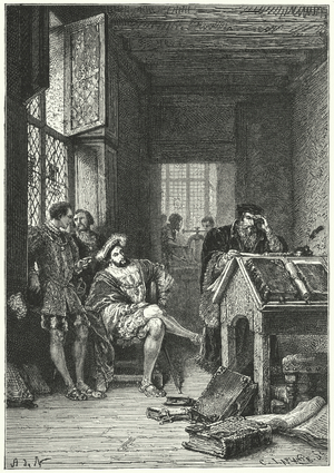 Francis I of France with the printer and scholar Robert Estienne, 16th Century (engraving)